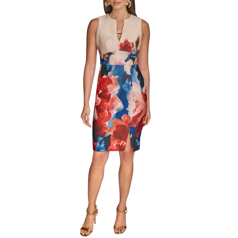Donna Karan New York Floral Sleeveless Scuba Dress V Neck Size 6